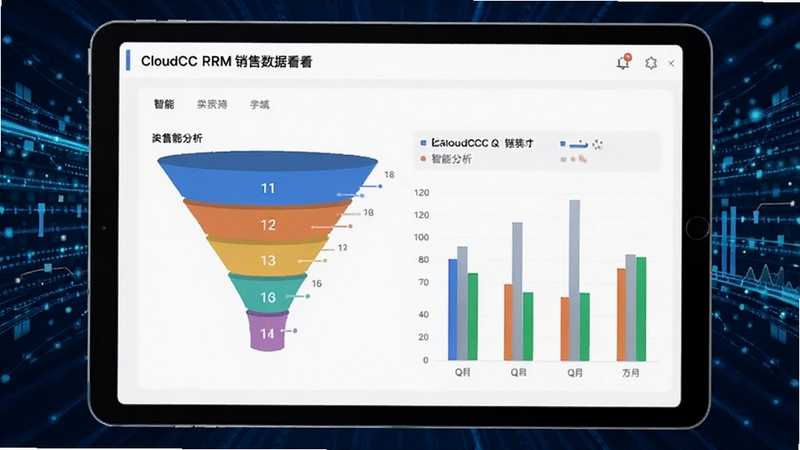 CloudCC CRM销售数据看板界面,画面主体为平板设备展示彩色漏斗图与柱状图,背景为深蓝色科技感数据流,突出智能分析氛围,适配Boogu模型生成