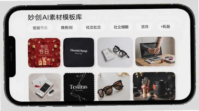 妙创AI素材模板库页面在手机屏幕中央,背景为浅灰色,界面展示多个分类标签和缩略图网格,包含节日、商务、社交等主题,风格清新整洁