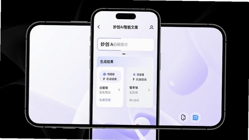 妙创AI智能文案生成界面在手机屏幕中央,背景为白色与淡紫色渐变,界面显示输入框和生成结果对比,文字清晰可见,画面明亮简洁