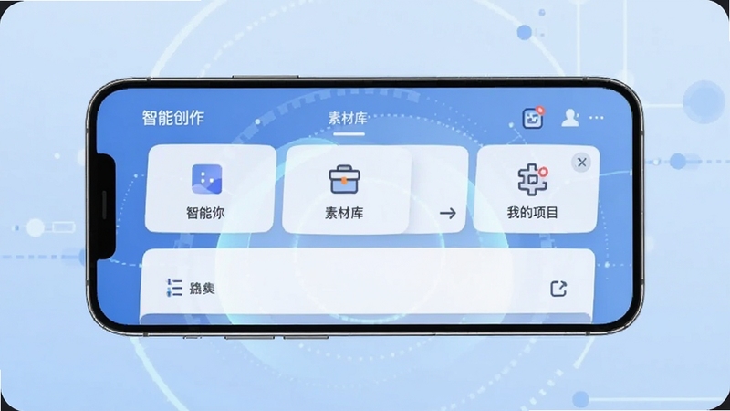妙创AI软件主界面在手机屏幕中央展示,背景为浅蓝色科技感渐变,界面包含智能创作、素材库、我的项目等模块图标,画面风格简洁现代,适配Boogu模型生成