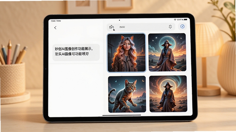 妙创AI图像创作功能展示在平板设备屏幕上,背景为柔和暖色调,画面中显示文字输入区和多张风格各异的AI生成图片缩略图,整体布局整齐美观