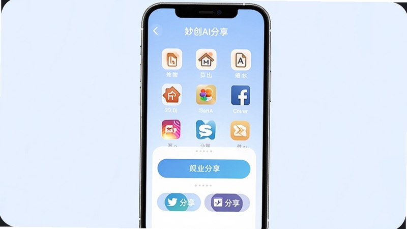 妙创AI分享导出界面在手机屏幕中央,背景为淡蓝色,界面显示多种格式图标和社交平台分享按钮,操作区域清晰明了