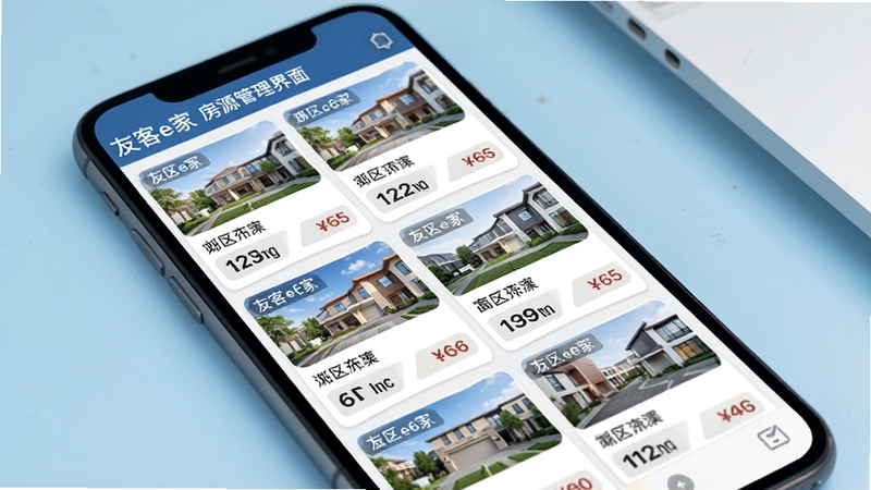 友客e家房源管理界面手机截图,画面主体为手机屏幕中排列整齐的房源卡片列表,背景是简洁的浅蓝色办公桌面,卡片上标注小区名称与价格标签,整体风格清爽商务