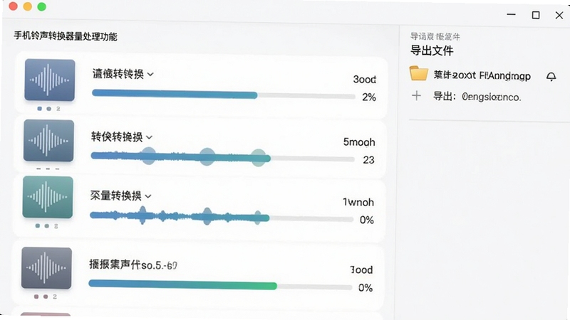 手机铃声转换器批量处理功能界面,画面中显示多个音频文件排队等待转换,进度条正在推进,右侧显示导出文件夹路径,整体布局清晰高效