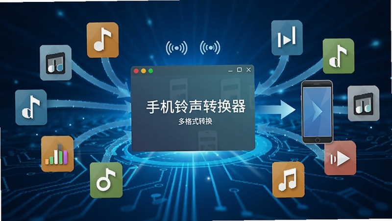 手机铃声转换器多格式转换功能展示,画面中多个音频格式图标环绕软件名称排列,箭头指向手机图标,背景为科技感蓝色光效,突出格式转换的流畅与高效