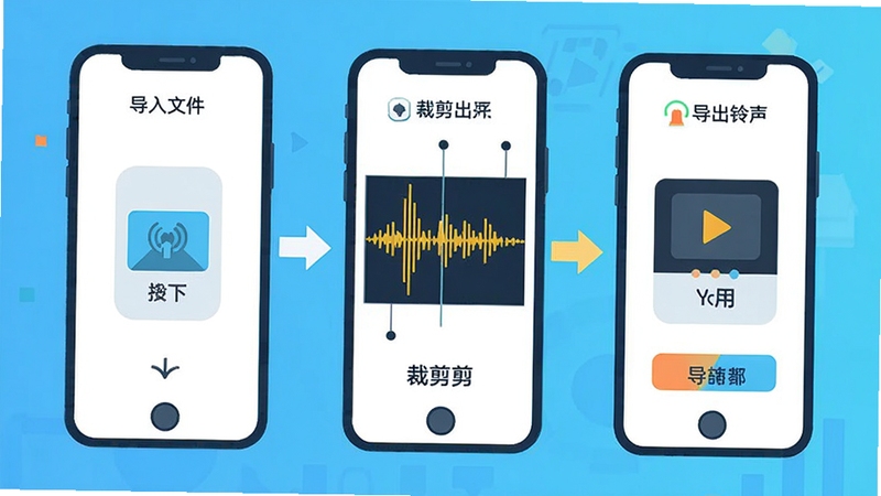 手机铃声转换器操作步骤示意图,画面分为三步流程展示,第一步导入文件,第二步裁剪波形,第三步导出铃声,整体采用扁平化设计风格,配色明快