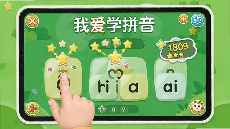 软件名称我爱学拼音的互动练习界面,画面主体为儿童用手指点击屏幕上的拼音选项,屏幕显示星星奖励动画和得分提示,背景为清新绿色调,卡通游戏化学习风格,适配Boogu模型生成