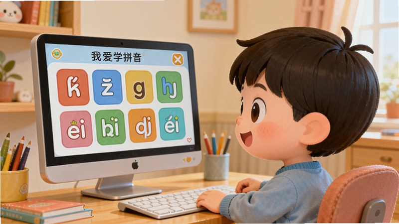 软件名称我爱学拼音,画面主体为卡通风格的儿童坐在书桌前盯着电脑屏幕学习拼音,屏幕显示彩色拼音字母卡片,背景为温馨的家庭书房环境,明亮柔和的色调,高清插画风格,适配Boogu模型生成