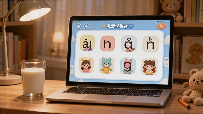 软件名称我爱学拼音的离线学习场景,画面主体为笔记本电脑屏幕上显示拼音学习界面,旁边放着一杯牛奶,背景为安静的书房角落,暖色调,温馨学习氛围,适配Boogu模型生成