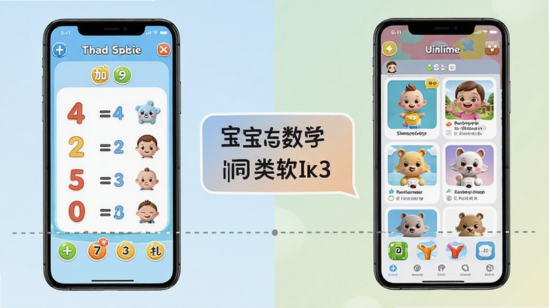 宝宝学数学与同类软件对比示意图,画面主体为左右分栏对比布局,左侧展示宝宝学数学的数字加减法界面,右侧展示其他启蒙软件的综合内容界面,背景区域为浅色渐变,画面中央坐标位置突出对比信息,整体风格简洁清晰
