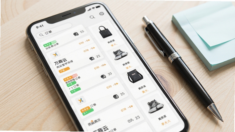 万商云商品订单管理页面示意图,画面主体为手机屏幕内排列整齐的订单卡片列表,每张卡片带有状态色块与商品缩略图,背景为浅色木纹桌面,旁边放置一支笔和便签纸,营造真实办公场景