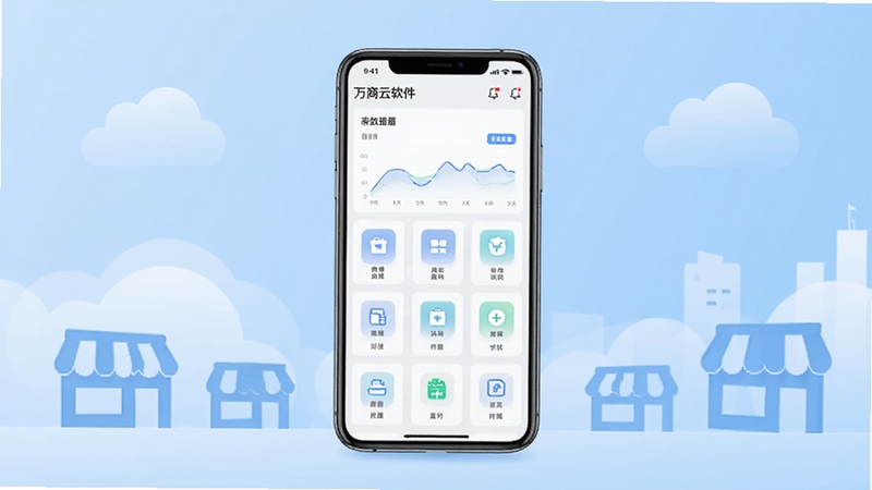 万商云软件主界面全貌展示,画面中央为手机屏幕正视图,屏幕内呈现商家经营数据看板与功能图标网格,背景为浅蓝色渐变商务风格,四周点缀抽象云朵与商铺剪影元素,整体色调清爽简洁,适合软件下载站配图