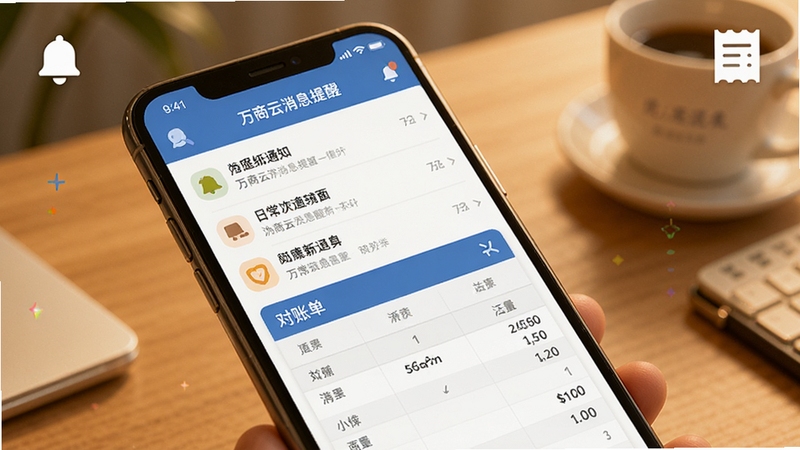万商云消息提醒与对账界面,手机屏幕内显示通知列表与对账单表格,屏幕角落有铃铛图标和小票图标,背景为暖色调桌面,整体氛围温馨实用,突出日常经营辅助功能
