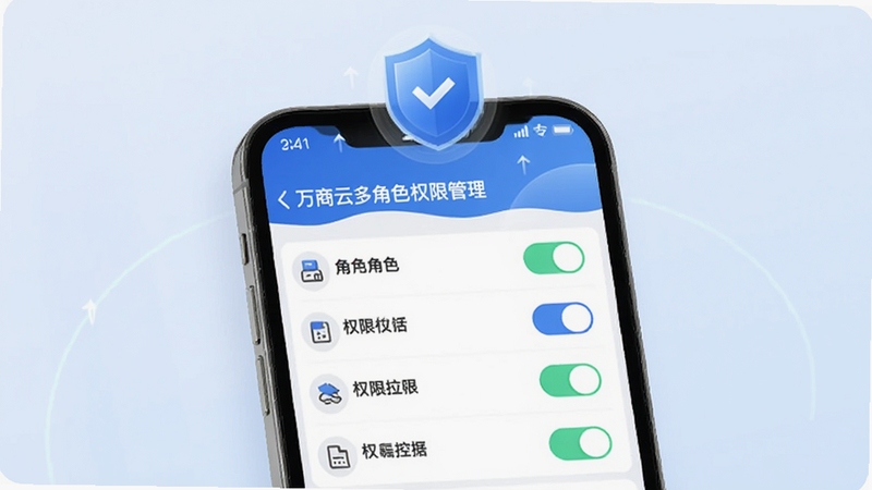 万商云多角色权限管理界面,画面展示手机屏幕内角色列表与权限开关按钮,屏幕上方有盾牌图标象征安全,背景为淡蓝色渐变,整体风格干净利落,突出权限控制概念