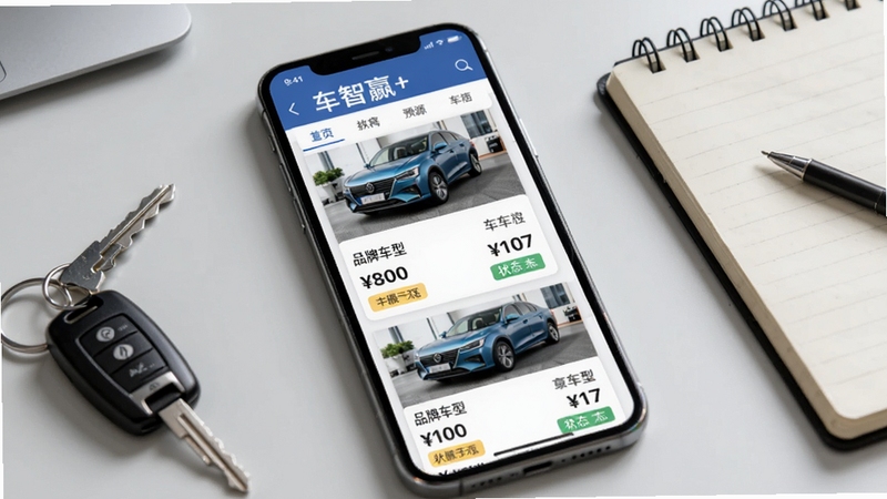 车智赢+ 车源管理界面预览图,画面主体为手机屏幕中显示的车源列表页面,每一条车源卡片包含车辆照片、品牌车型、价格与状态标签,背景为浅灰色办公桌面,旁边放置车钥匙和记事本,整体风格写实商务,突出车智赢+车源管理功能的清晰与便捷。