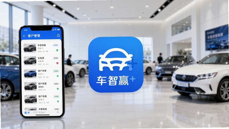 车智赢+ 软件主界面展示,画面中央为车智赢+应用图标与手机界面,界面中显示车源列表和客户管理面板,背景为现代化汽车展厅环境,光线明亮柔和,风格简洁商务,整体色调以蓝色和白色为主,突出车智赢+软件的全貌与核心功能。