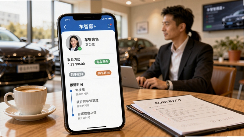 车智赢+ 客户跟进功能界面,画面展示手机端客户档案详情页,包含客户头像、联系方式、购车意向标签和跟进时间线,背景为汽车销售门店洽谈区,桌面上放有咖啡杯和合同文件,整体色调温暖明亮,体现车智赢+在客户关系管理方面的专业与贴心。