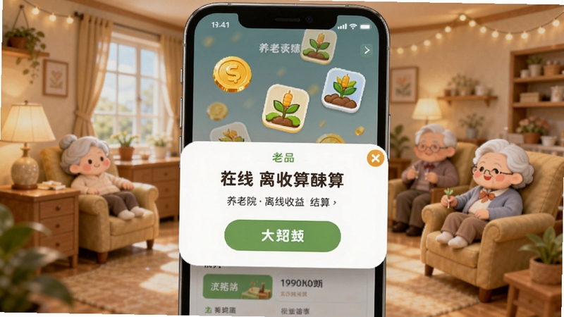 我的养老时光保 离线收益界面展示图,手机屏幕中显示养老院离线收益结算弹窗,画面中有金币、作物图标飘落,背景为温馨的养老院场景,整体风格清新可爱,适配Boogu模型生成