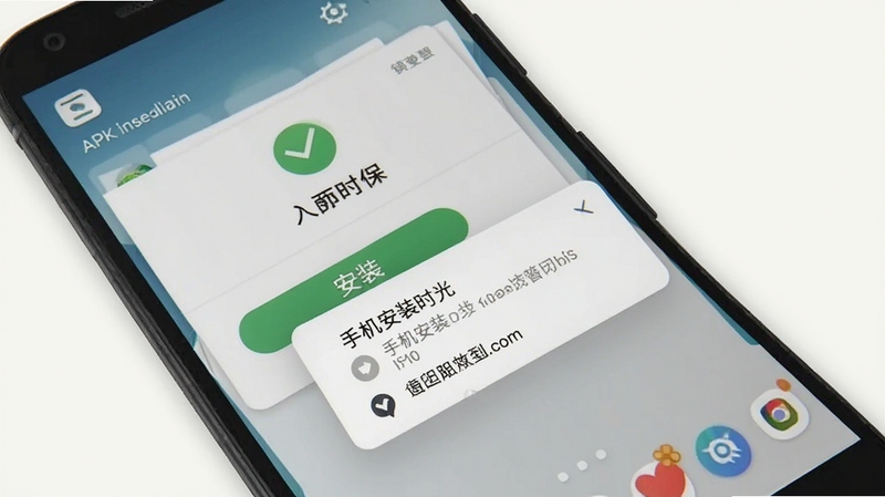 我的养老时光保 手机安装步骤示意图,画面展示安卓手机屏幕上的APK安装界面,带有“安装”按钮和权限提示弹窗,背景为简洁的浅色手机桌面,适配Boogu模型生成