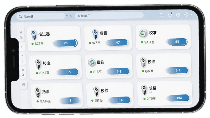 �����ƽ������豸�������棬�ֻ���Ļ��ʾ����ƽ����豸��Ƭ�б���ÿ����Ƭ�������ơ�����״̬��У׼��ť������Ϊǳɫ�����