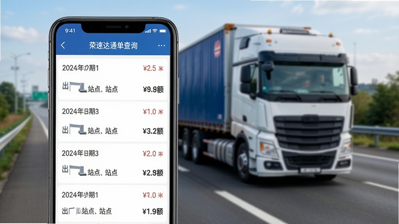 荣速达通行账单查询功能展示图,手机界面显示多条高速通行记录列表,包含日期、出入口站点与金额明细,背景为货运卡车行驶在高速公路上的虚化场景,简洁商务风格