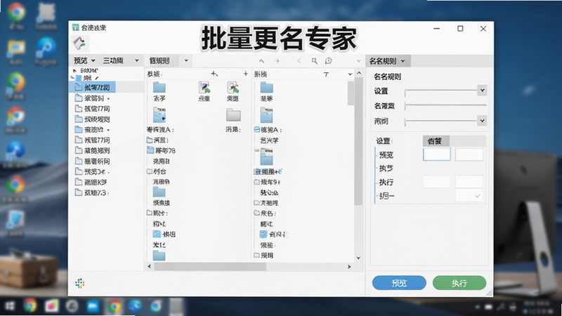 软件主界面全景展示,批量更名专家标题醒目位于窗口顶部中央,左侧为文件列表区域,右侧为命名规则设置面板,底部有预览和执行按钮,整体采用清爽的浅色商务风格,背景为模糊的电脑桌面,画面比例16:9,适合软件下载站截图展示