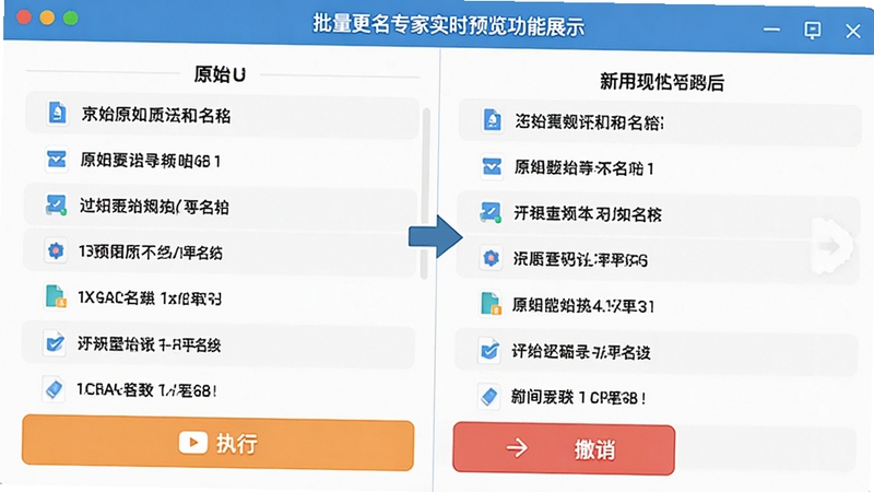 批量更名专家实时预览功能展示,画面分为左右两栏,左侧显示原始文件名列表,右侧显示应用规则后的新文件名列表,中间有箭头连接,界面底部有醒目的执行按钮和撤销按钮,整体风格简洁明快