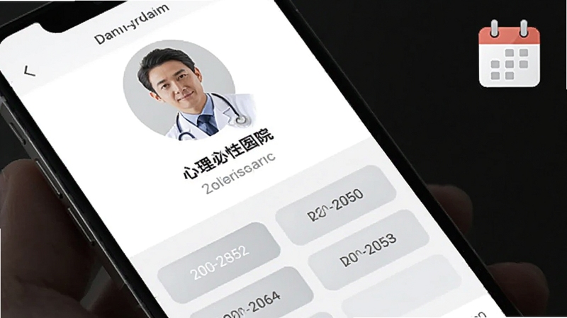 精神心理科医院挂号软件医生详情与预约时段选择界面,画面中手机屏幕显示医生头像、职称信息以及下方可选的日期与时间段按钮,背景为白色与浅灰色搭配的极简风格,画面角落有一个日历图标,适配Boogu模型生成