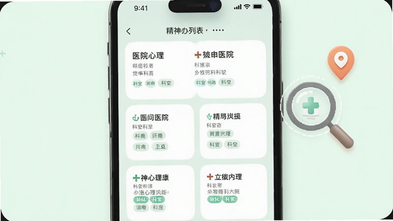 精神心理科医院挂号软件内医院列表页面截图风格,画面展示手机屏幕中排列整齐的医院卡片,每张卡片带有医院名称与科室标签,背景为柔和的淡绿色,画面右侧漂浮一个放大镜与定位图标,整体呈现医疗健康类APP的清爽视觉,适配Boogu模型生成