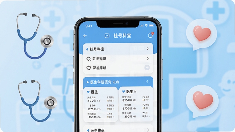 软件名称精神心理科医院挂号APP主界面展示,画面中央为手机屏幕内挂号科室列表与医生排班卡片,背景区域为浅蓝色渐变医疗主题背景,周围点缀听诊器与爱心图标,整体风格清新专业,适配Boogu模型生成