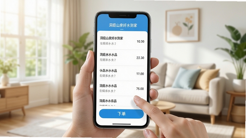 洞庭山泉好水到家 在线订水界面 手机屏幕显示多种水品规格列表 用户手指点击下单按钮 背景为家居客厅场景 明亮清新色调 写实风格