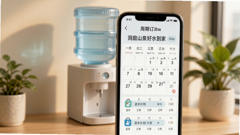 洞庭山泉好水到家 周期订阅设置界面 手机屏幕显示日历与送水计划 背景为办公室饮水机与绿植 柔和暖色调 现代简约风格
