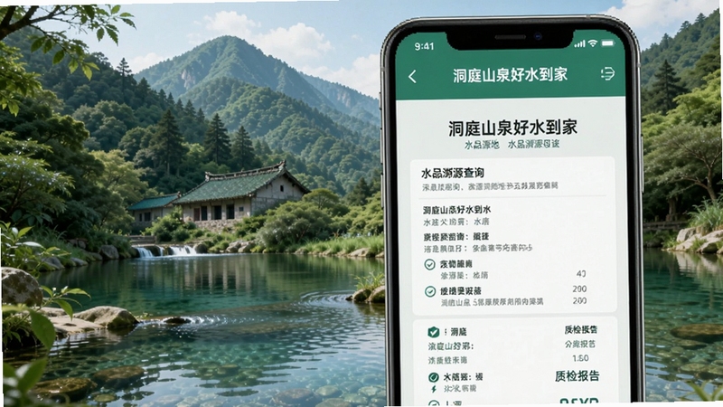 洞庭山泉好水到家 水品溯源查询页面 手机屏幕展示水源地风景与质检报告 背景为洞庭山自然山水 青翠山林与清澈泉水 清新自然风格