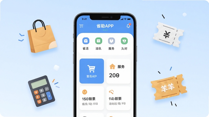 ʡ��Ӧ��������չʾ����������Ϊ�ֻ���Ļ����Ļ����ʾʡ��APP����ҳ���֣���������ͼ���뿨Ƭʽ������ڣ�����Ϊ����ɫ���䣬��Χ��׺��Լ����������Ԫ���繺��������������Ż�ȯͼ�꣬��������ˬ�ִ�������Booguģ������