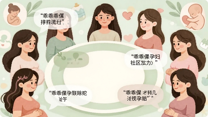 乖乖葆孕妇社区交流板块截图风格插画,画面展示多位孕妇头像围绕一个圆形讨论区,气泡对话框内含有孕期交流文字,整体配色清新柔和,以浅绿和淡粉为主,背景是抽象的母婴主题图案,扁平化设计风格,适合Boogu模型生成