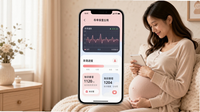乖乖葆孕妇应用主界面全貌展示,画面中央放置一部智能手机,屏幕内呈现柔和的粉蓝色调孕期健康管理界面,包含胎心监护曲线图、孕周进度条和知识卡片,背景区域为温馨的浅米色孕妇居家环境,柔和自然光线从左侧照入,整体风格温暖治愈,适配Boogu模型生成