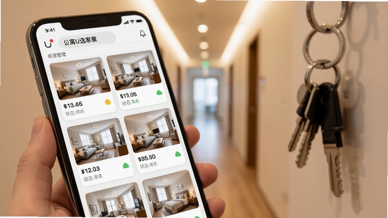 公寓U选商家端 房源管理界面特写,画面主体为手机屏幕显示多套房源卡片式列表,每张卡片带有房间缩略图、价格标签与状态标识,背景虚化为公寓走廊与钥匙串,光线柔和,突出便捷管理氛围