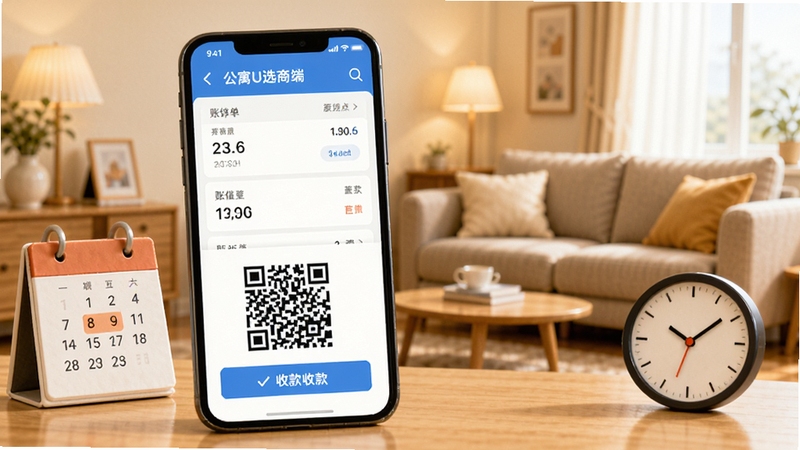 公寓U选商家端 账单催收功能展示图,画面主体为手机屏幕显示账单列表与收款二维码,旁边有日历与时钟元素,背景为温馨的公寓客厅,色调温暖明亮,体现财务管理的轻松感