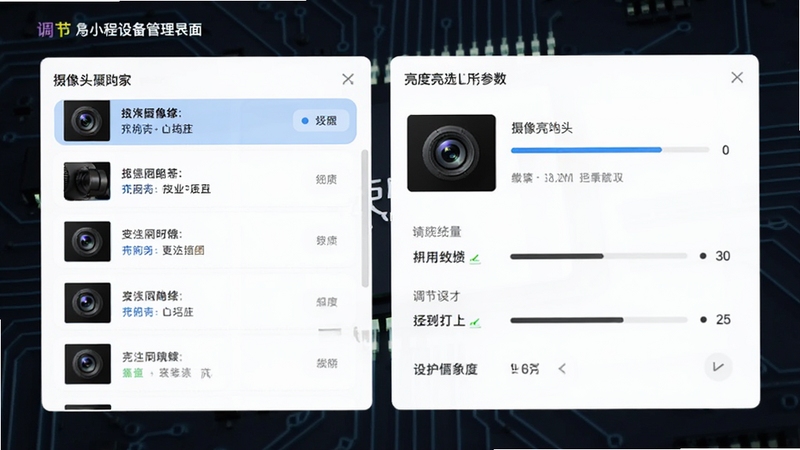 摄像头亮度调节小程序设备管理界面,左侧显示摄像头列表,右侧为当前选中摄像头的调节参数,界面采用卡片式布局,背景有淡淡的电路纹理,体现设备管理概念