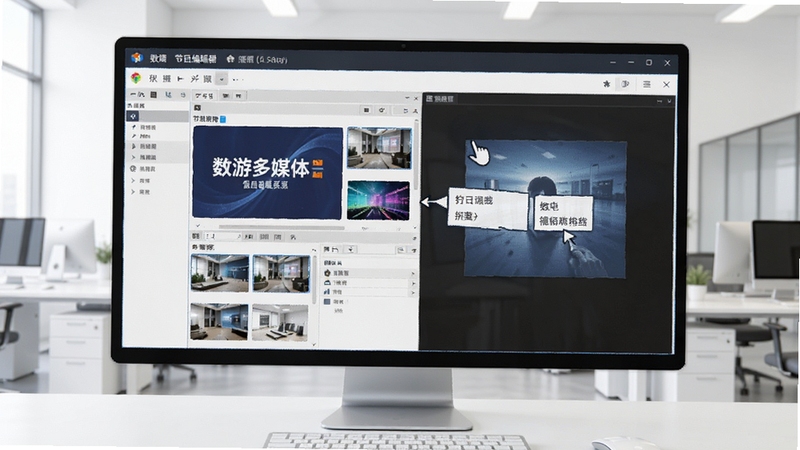 数游多媒体信息发布系统 功能界面截图,画面展示节目编辑器的多窗口分割与素材拖拽操作,背景为浅色办公环境,突出软件的易用性与专业感