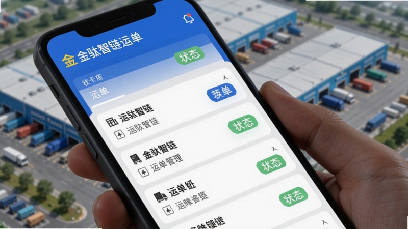 金驮智链 运单管理界面 手机屏幕特写 显示运单列表与状态标签 背景为物流园区俯视图 色调以蓝白为主 Boogu模型生成