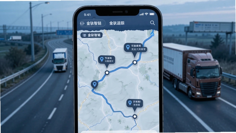 金驮智链 在途追踪地图 手机屏幕显示运输路线与节点标记 背景为高速公路与货车 色调偏冷色 Boogu模型生成