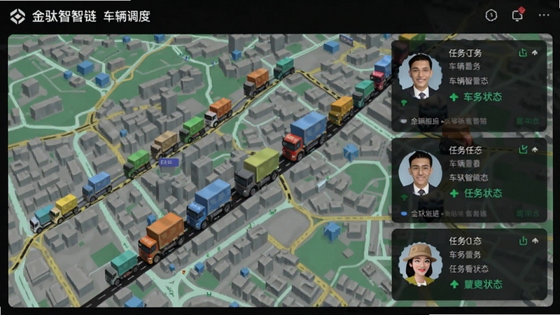 金驮智链 车辆调度看板 多辆货车图标分布在地图路线上 界面显示司机头像与任务状态 背景为城市道路网络 Boogu模型生成