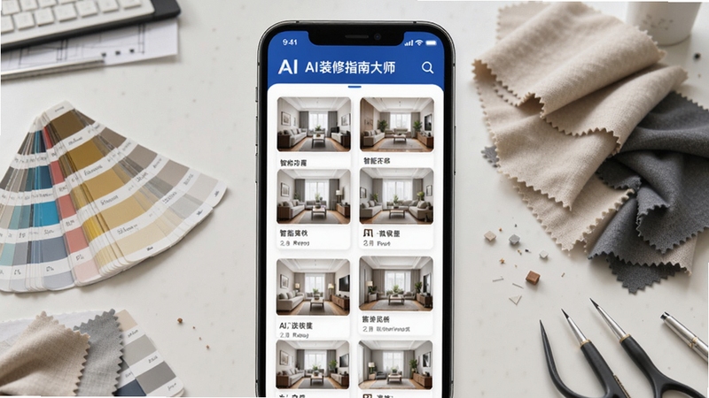 AI装修指南大师智能风格匹配界面,手机屏幕显示多种装修风格卡片,背景为室内设计工作台,摆放色卡与布料样本,画面整洁有序,突出AI装修指南大师品牌标识