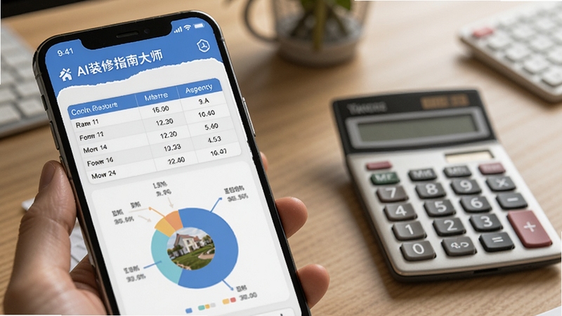 AI装修指南大师预算估算界面,手机屏幕显示预算表格与饼状图,背景为办公桌与计算器,光线柔和,突出AI装修指南大师的实用工具属性