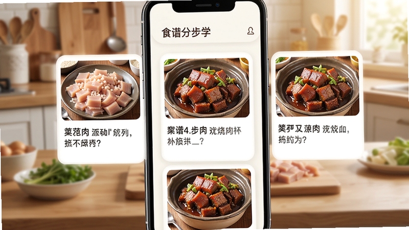 食谱分步学 分步图解教学界面 手机屏幕中显示红烧肉菜谱的步骤卡片 每张卡片配有食材图片与文字说明 背景为木质厨房桌面 自然光照射 画面清晰明亮
