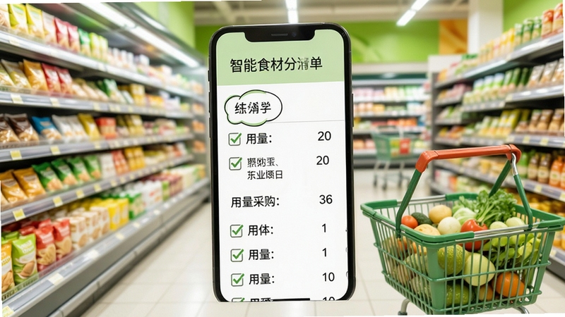 食谱分步学 智能食材清单功能展示 手机屏幕显示食材采购清单 带有复选框和用量数字 背景为超市货架与购物篮 明亮清新风格
