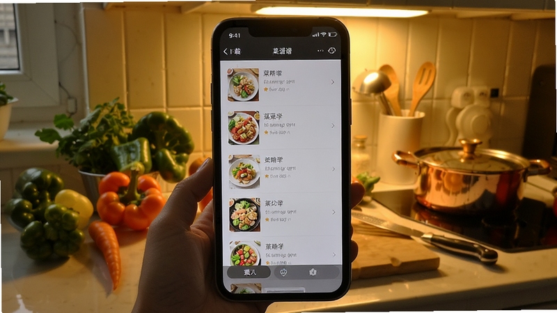 食谱分步学 离线缓存阅读场景 手机显示已下载菜谱列表 背景为厨房料理台 旁边摆放蔬菜与厨具 暖色灯光 生活气息浓厚