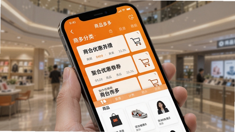 购物商城特惠多多软件界面展示,手机屏幕中呈现聚合优惠券列表和商品分类导航,背景为明亮的橙色渐变,整体风格简洁现代
