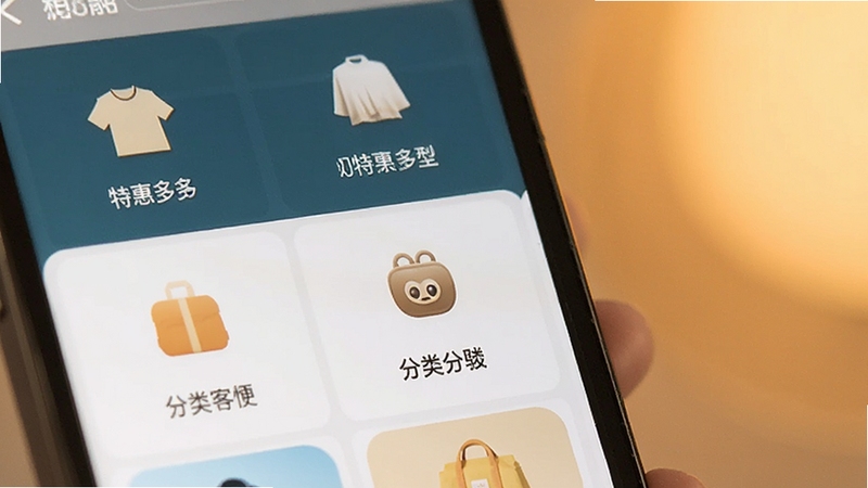 购物商城特惠多多分类导航界面,展示多个商品分类图标和名称,手机屏幕特写,背景为柔和暖色调